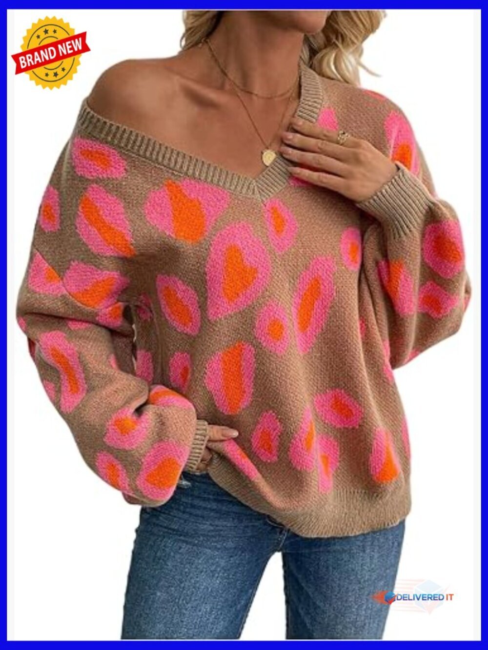 V Neck Knit Pullover Sweater Loose Fit Casual Long Sleeve Leopard Print Top